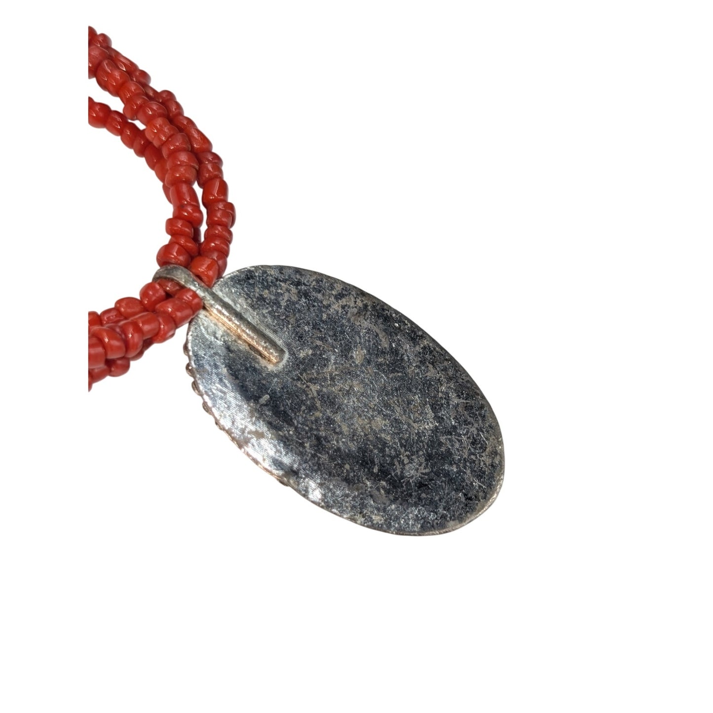Vintage Red Glass Bead Signed ae Turquoise Chip Silver Tone Pendant Necklace