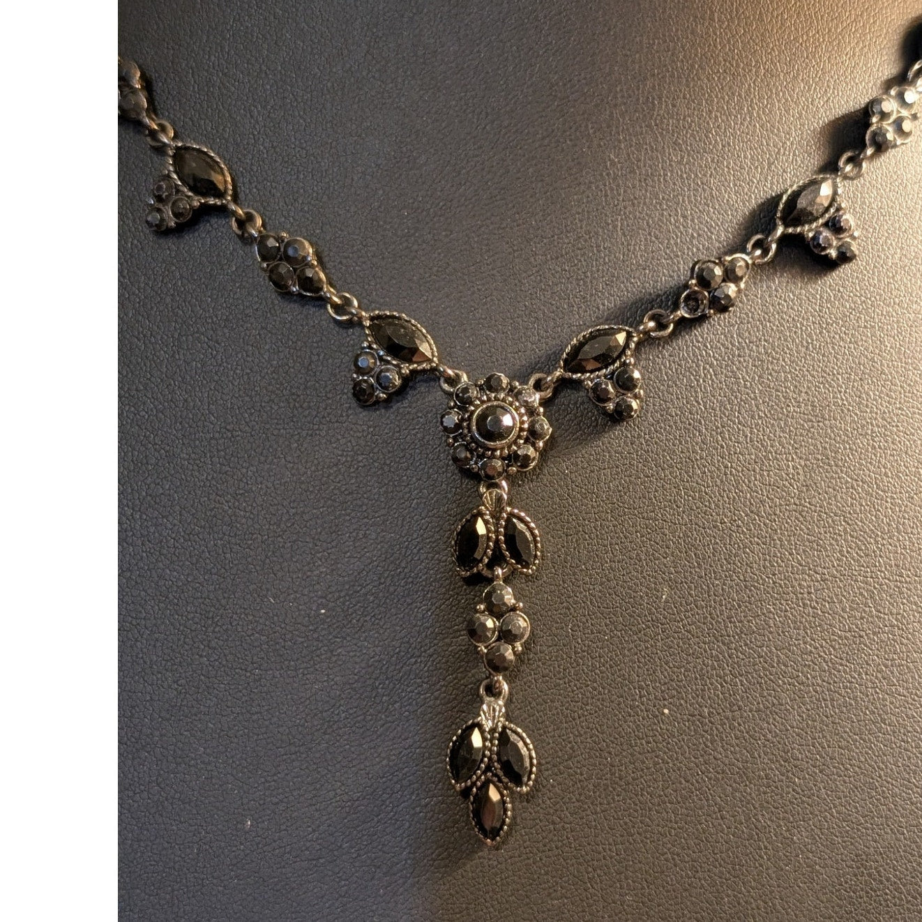 Black Crystal Gun Metal Y Drop Necklace