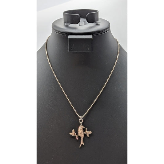 Vtg 925 Sterling Silver Bird on Branch Pendant Bead Ball Chain 17.5" Necklace