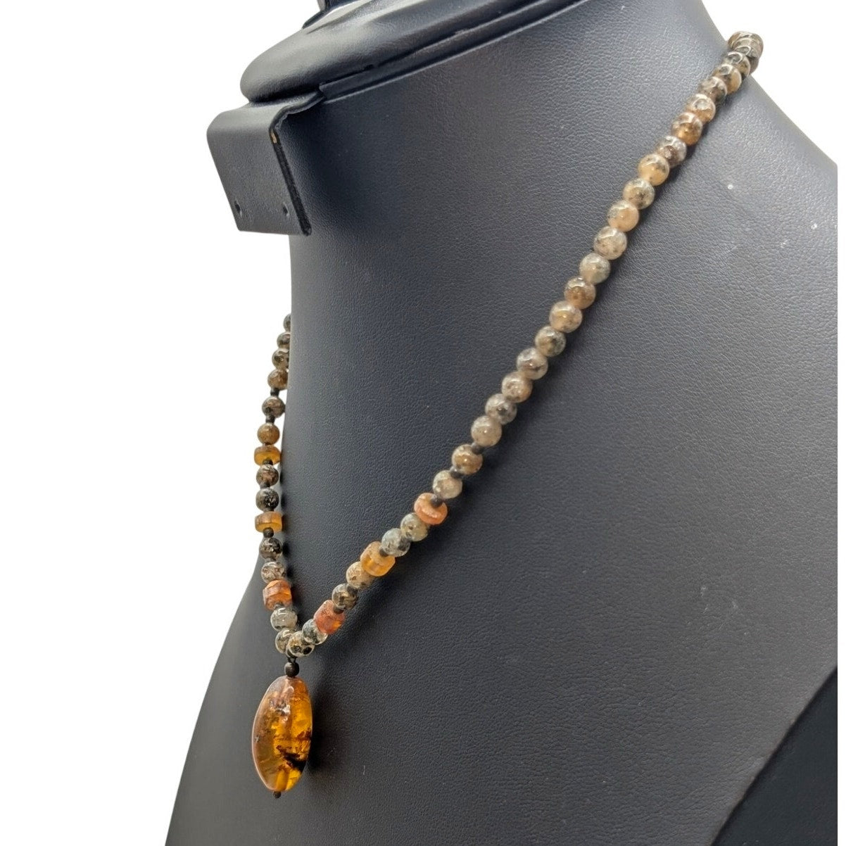Vintage Boho Stone Bead Amber Pendant Toggle Clasp 17.5" Necklace