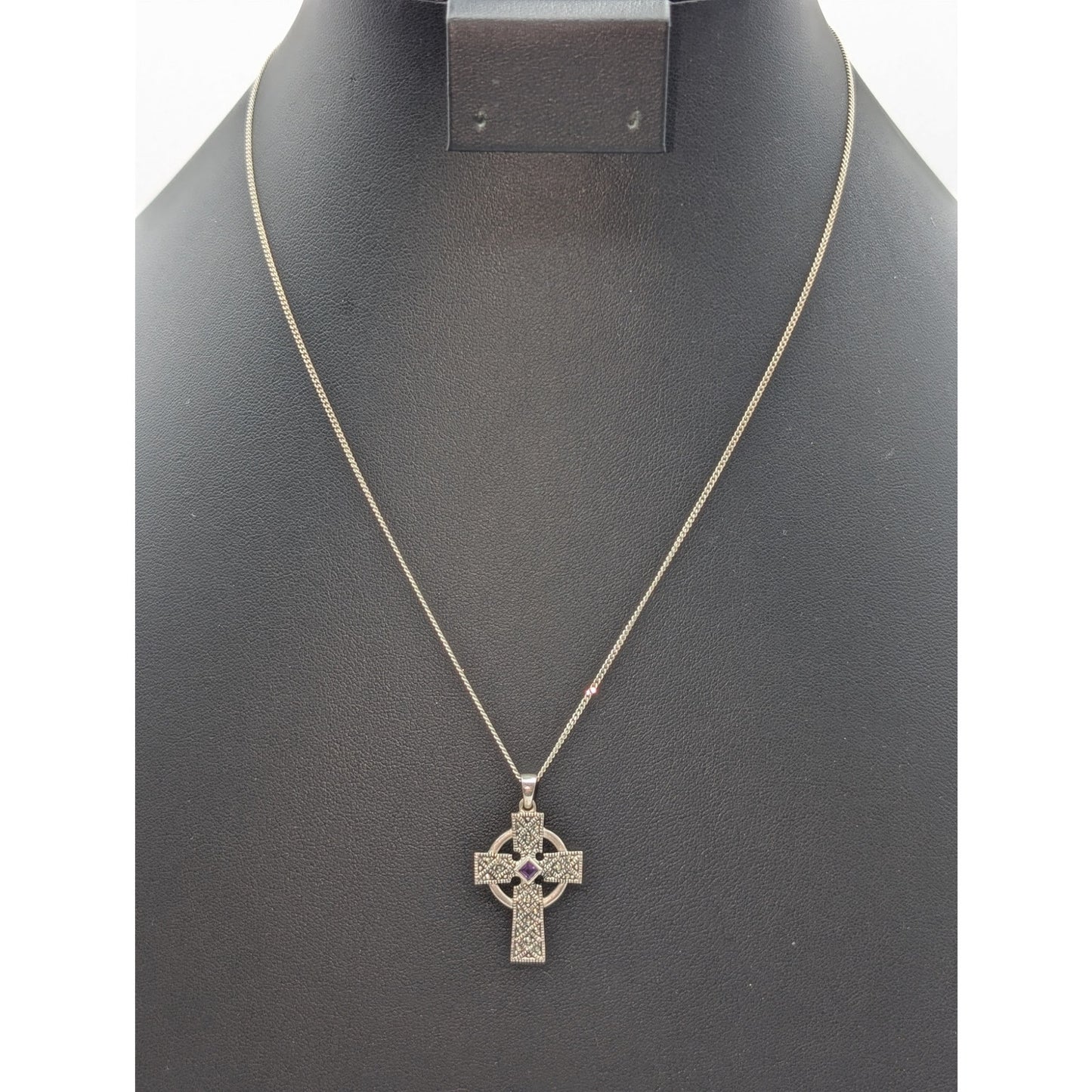 925 Sterling Silver Marcasite Amethyst Celtic Cross Pendant Chain 18" Necklace