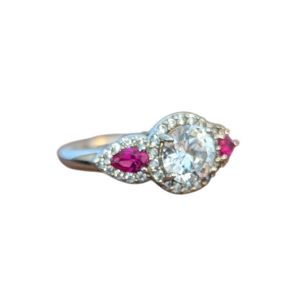 925 Large Round CZ & Lab-Created Ruby Trillion Accent Stone Engagement Ring Sz 8
