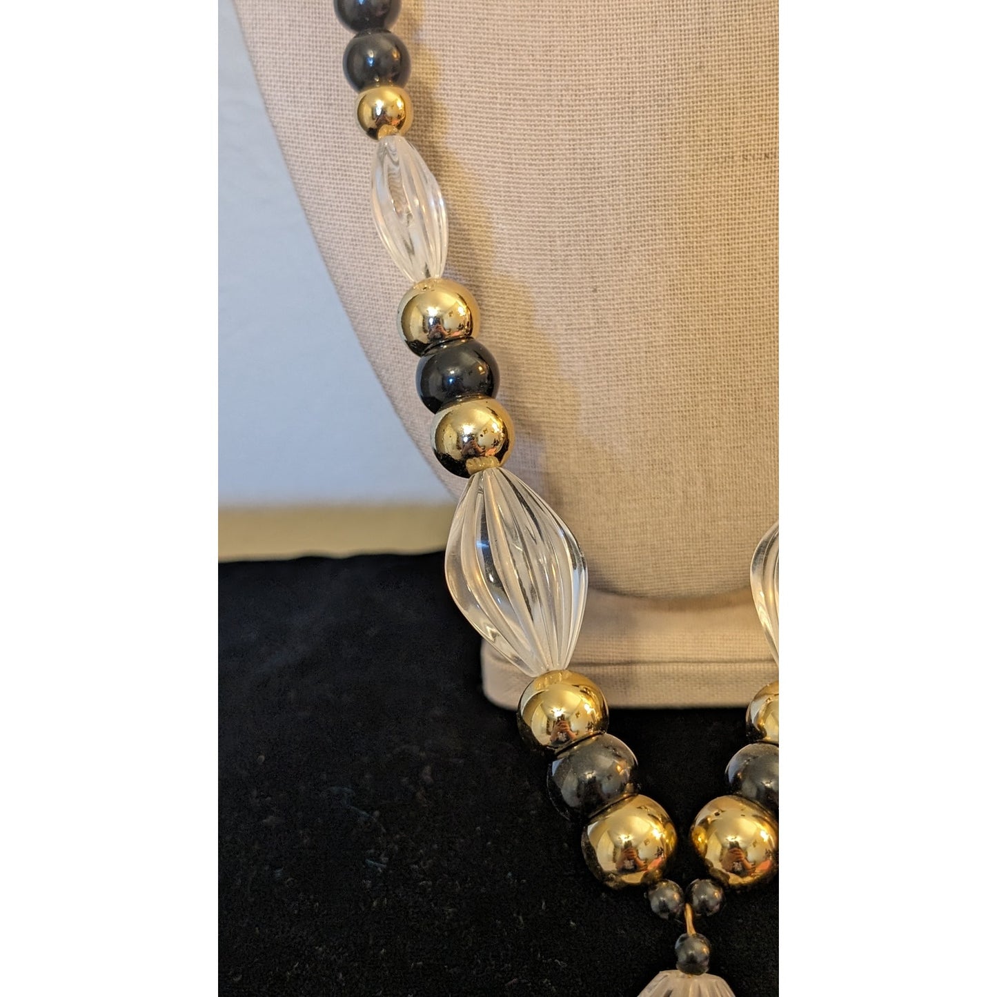 Art Deco Hollywood Glam Black Bead Clear Lucite Tassel Bold Statement Necklace