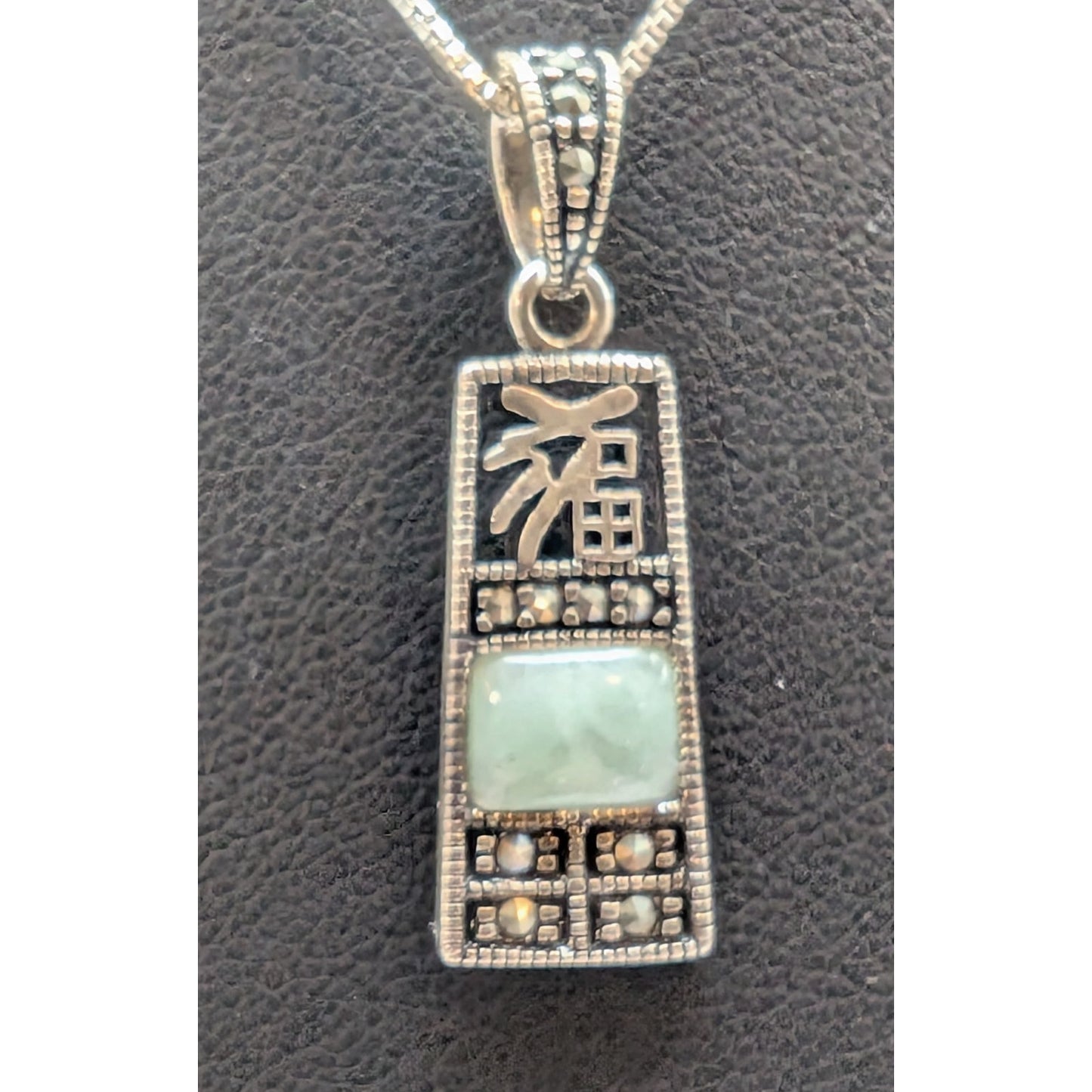 925 Sterling Green Jade-Marcasite Drop Earrings W/ Chinese Happiness Symbol Set
