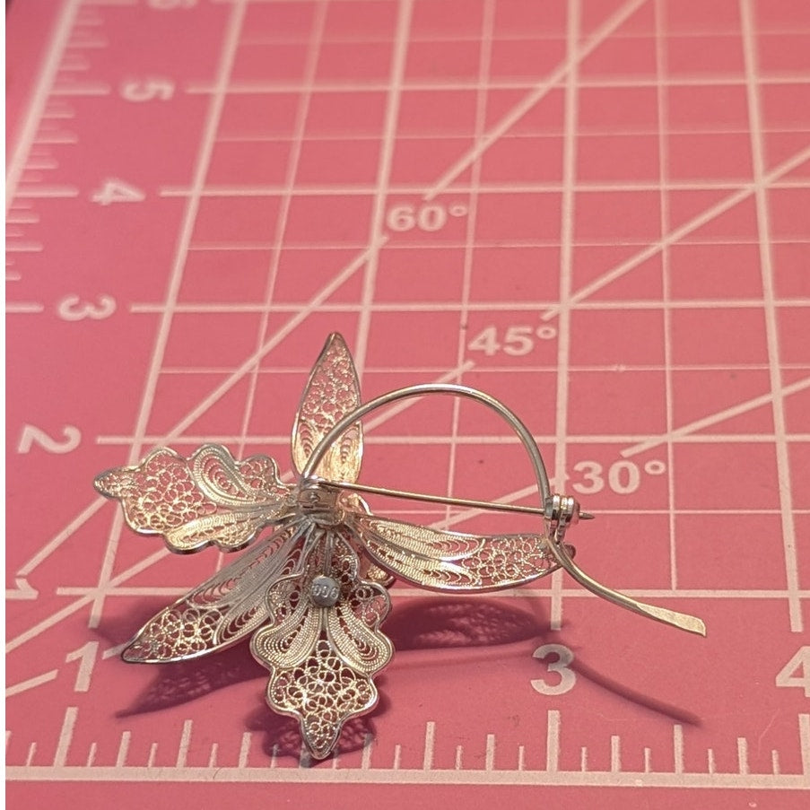 Vintage 900 Silver Italian Filigree Tourmaline Center Orchid Brooch/Pin