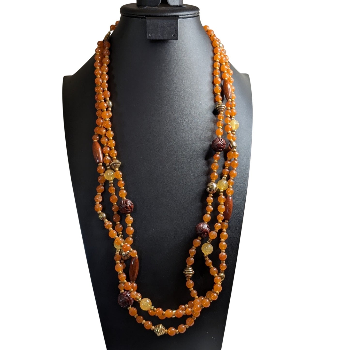 Vintage Signed Avon 3-Strand Faux Amber Carved Cinnabar Wood Bead 35" Necklace