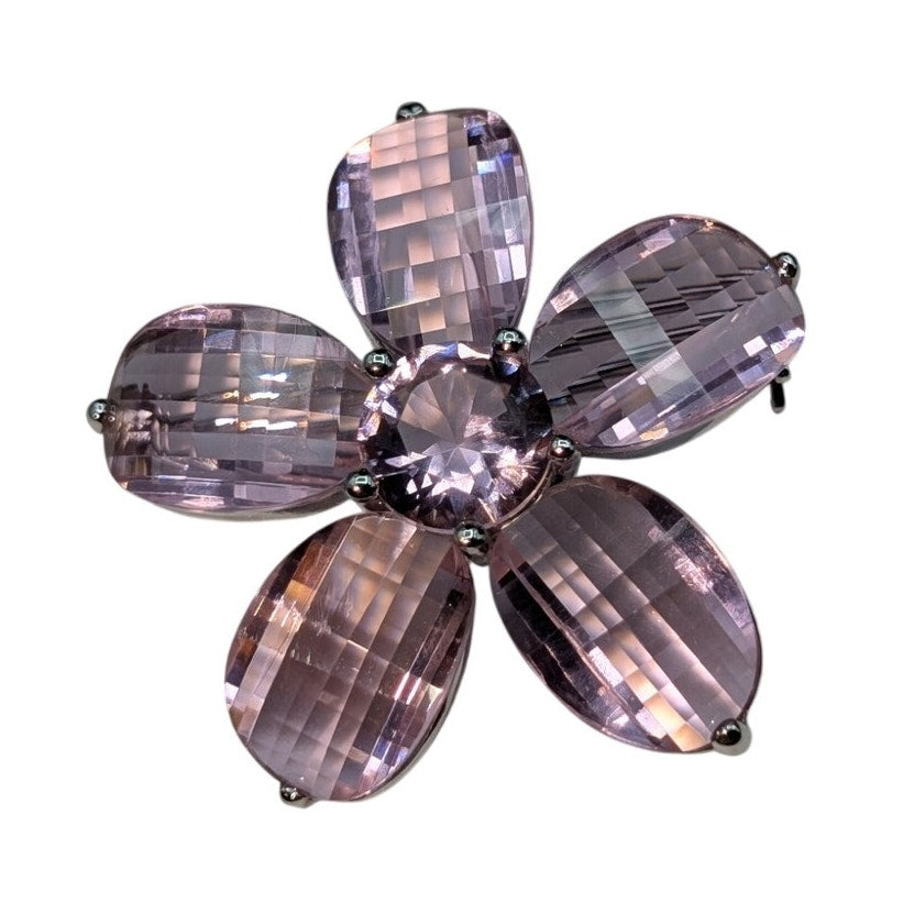 925 Sterling Silver Pink Faceted Flower Brooch