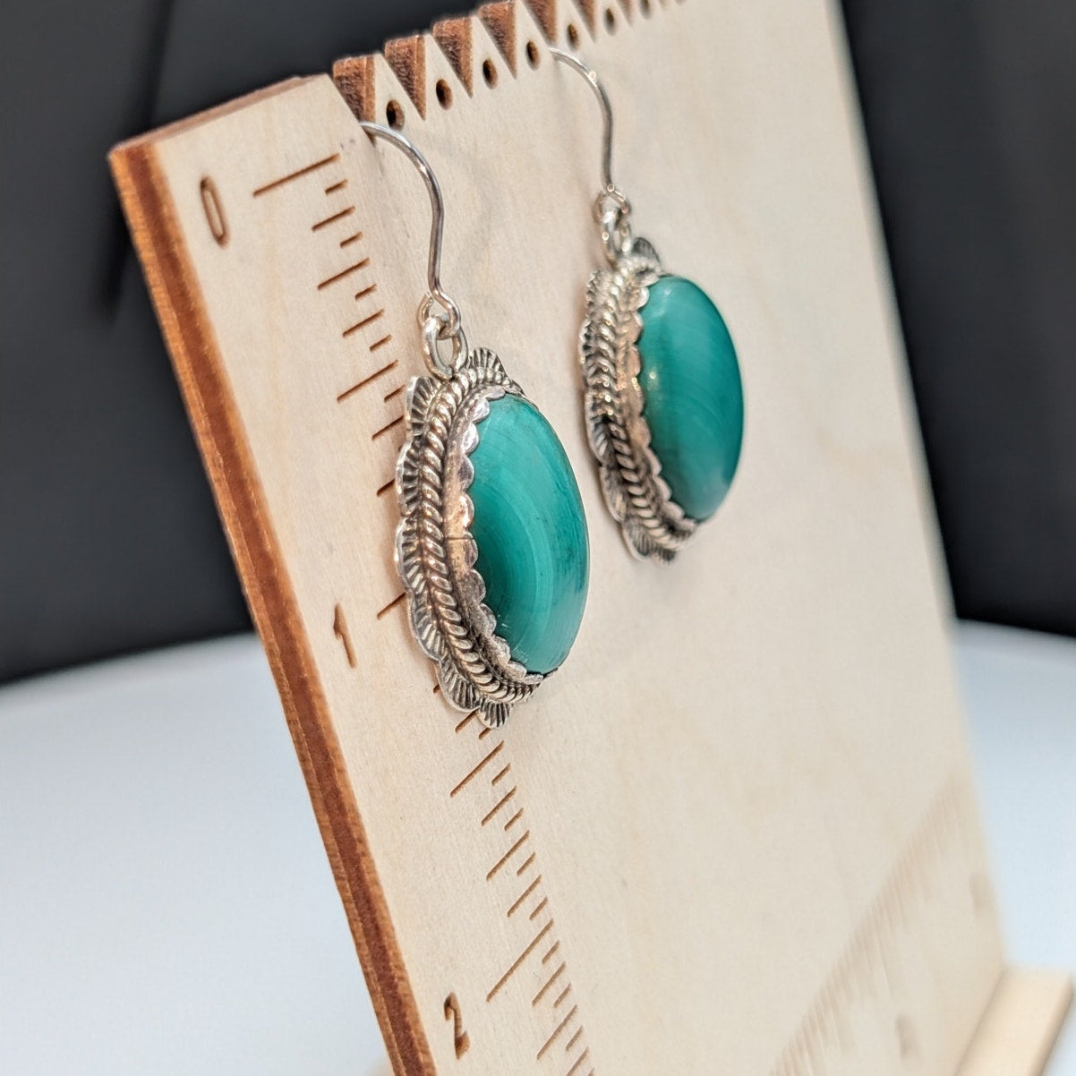 Vintage 925 Sterling Silver Green Malachite Stone Dangle Earrings