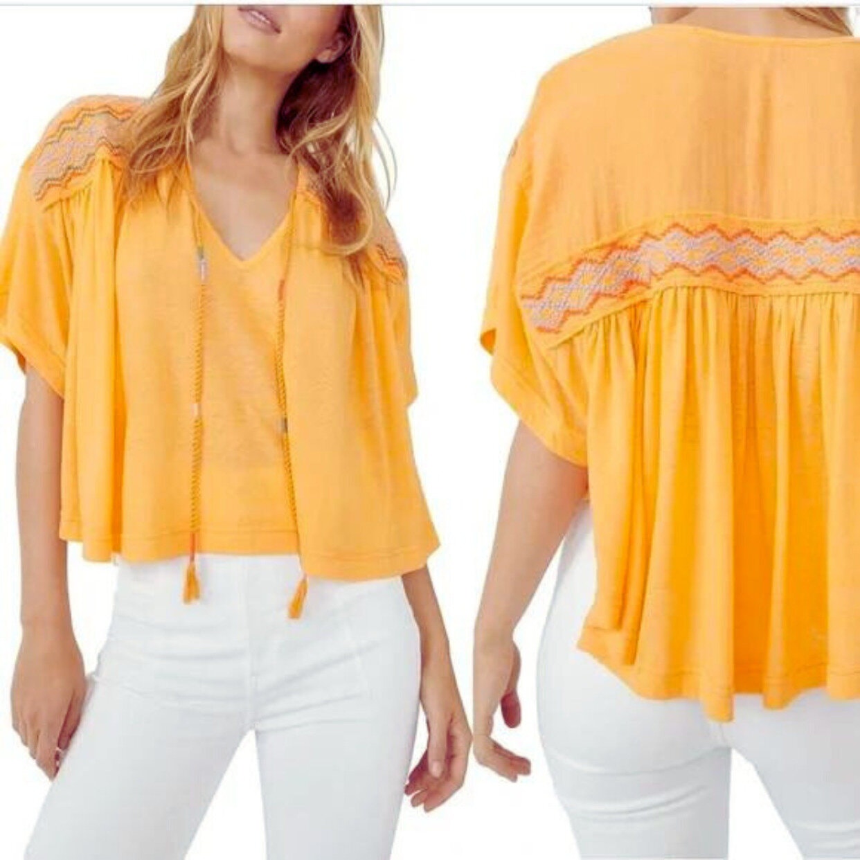 Free People Carrot Ginger Embroidered Dolman Boho Tie Market Tee Womens Sz M