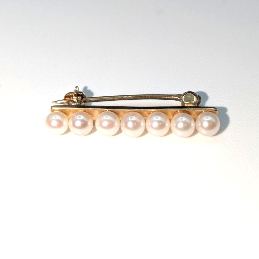 14k Gold Seven Genuine 3.43mm Pearl Bar Brooch 1.67g