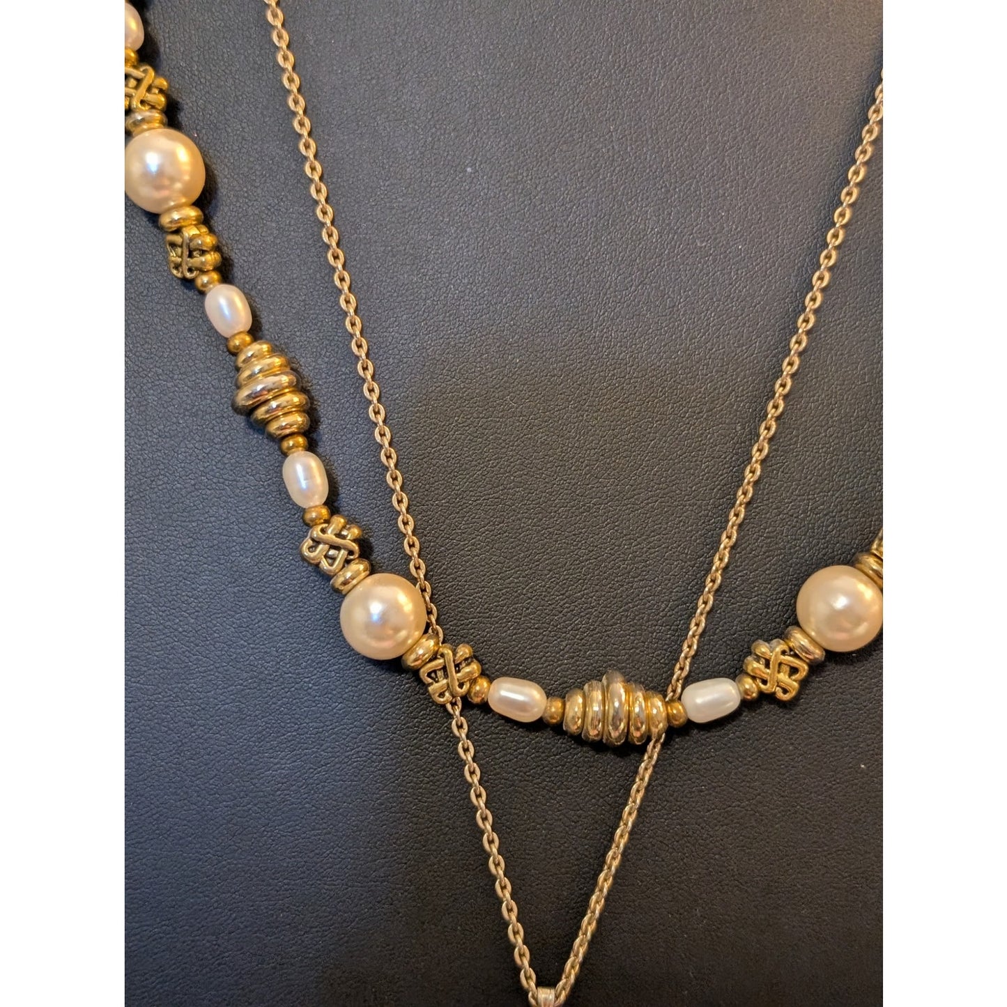 Lot of Two Gold Tone Necklaces Faux Pearl Gold Bead & Sarah Cov Opalite Pendant