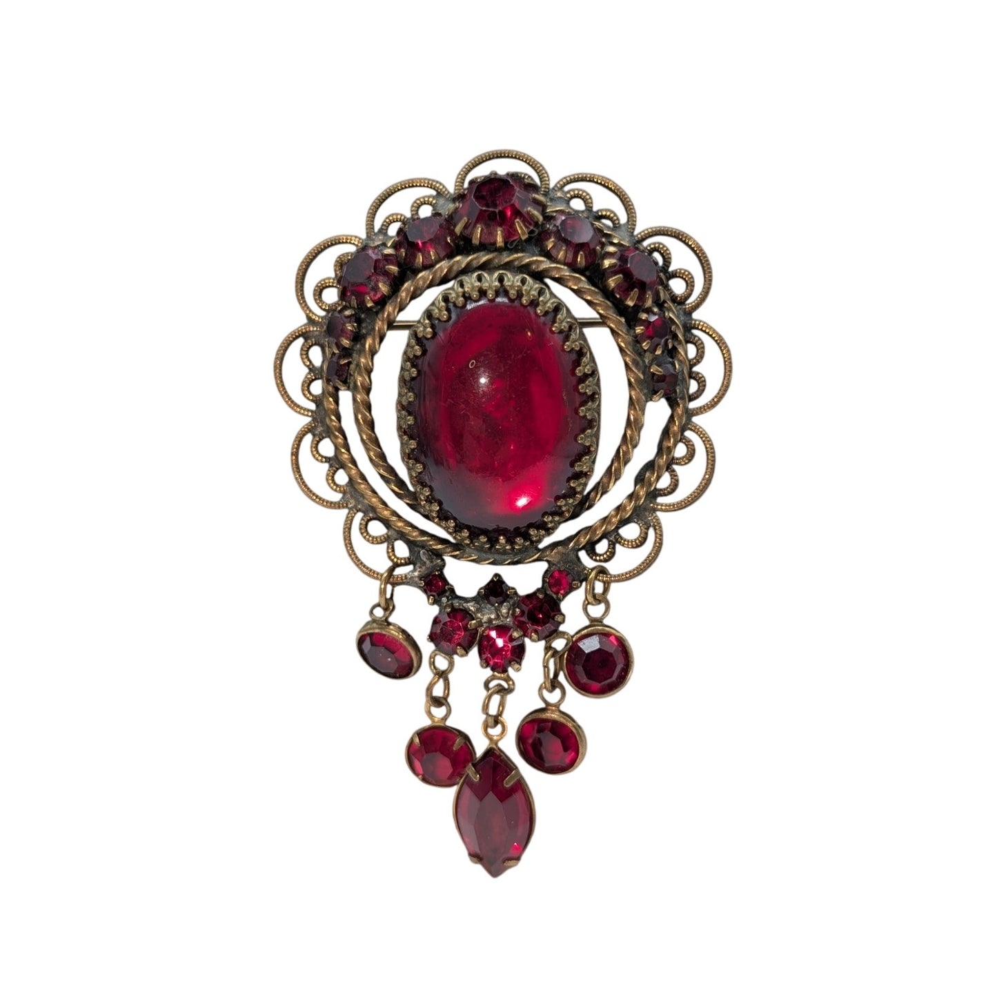 Vintage Possibly Unsigned Hobe Red Rhinestone Dangles Brooch
