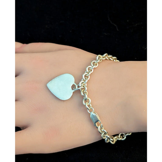 925 Sterling Silver Rolo Chain Link Heart Charm 7.5" Bracelet