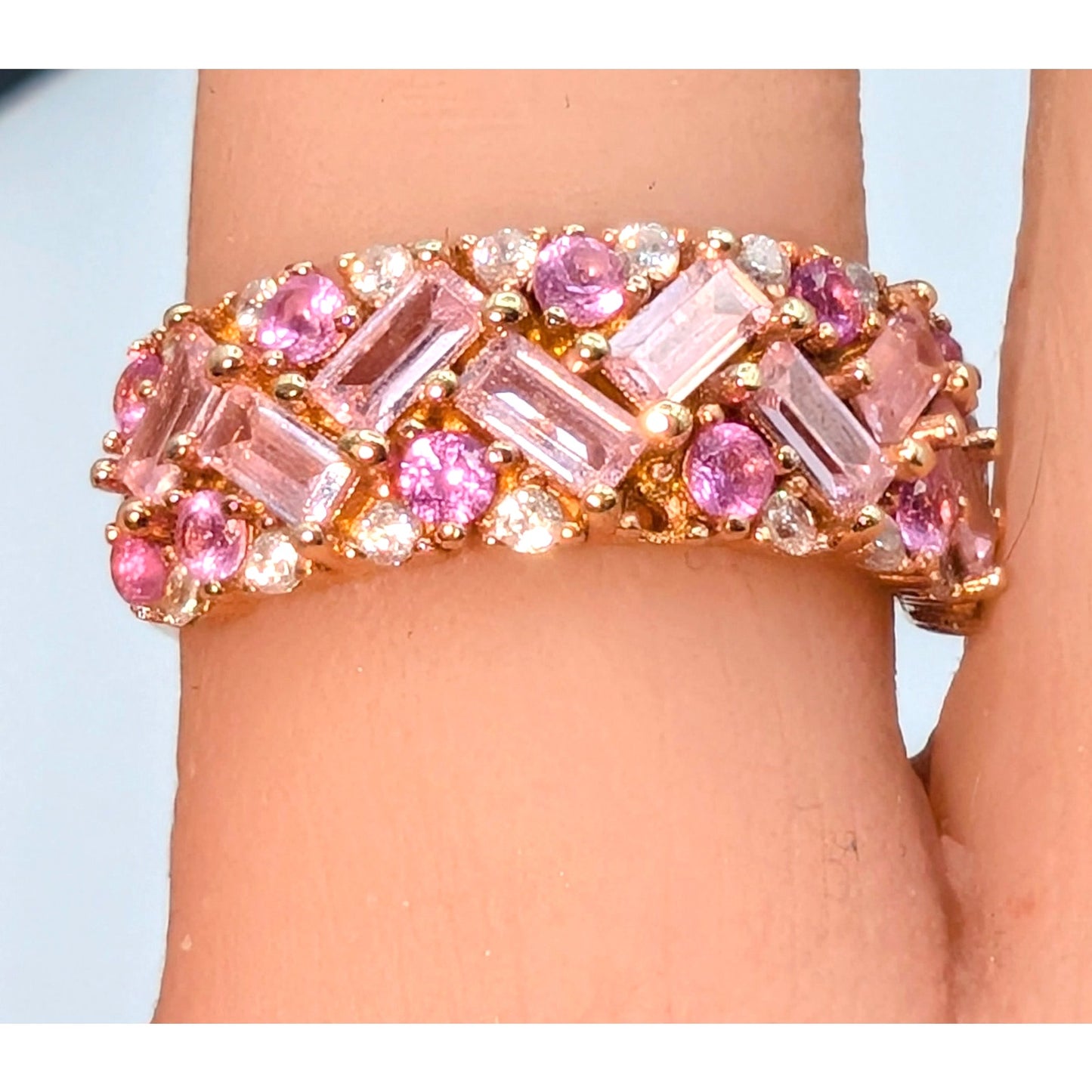 Pink Sapphire Pink & White CZ 18K Rose Gold 925 Sterling Silver Ring Size 6.75