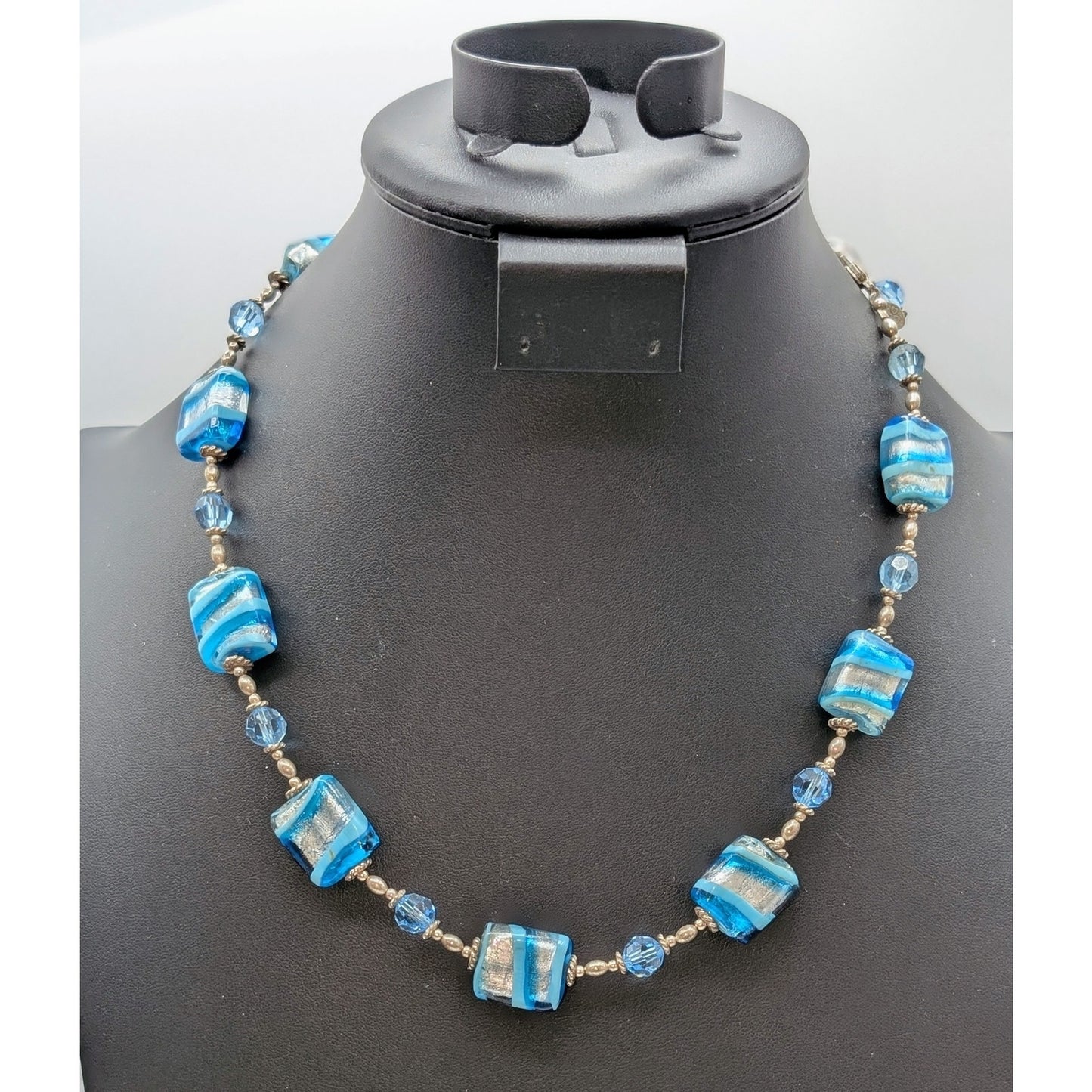 Vintage LCG 925 Sterling Silver Blue Striped Foil Murano Bead 18"-21" Necklace