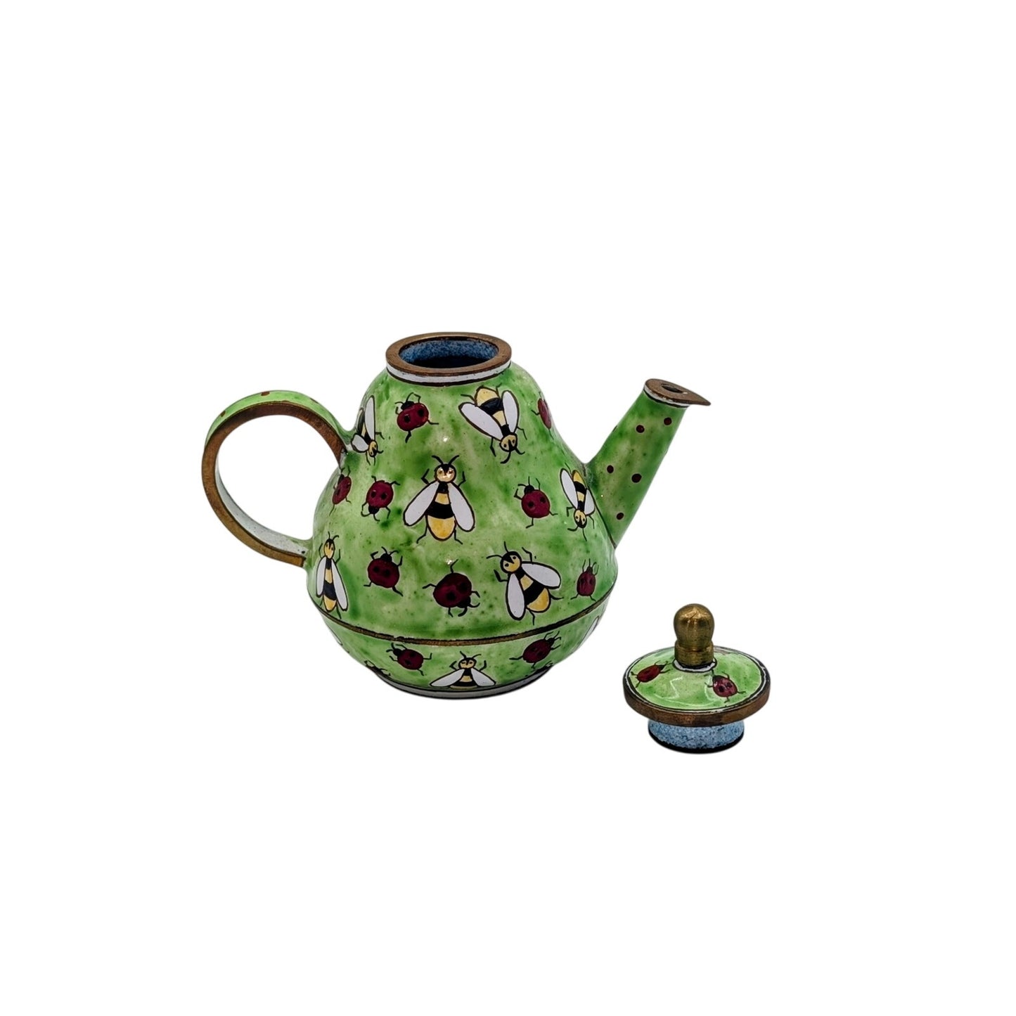 Kelvin Chen Vintage Hand Painted Green Enamel Copper Teapot Ladybugs & Bees