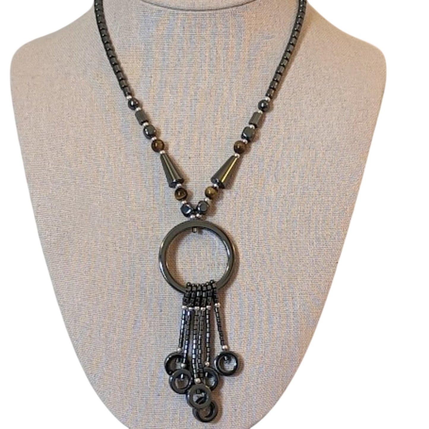Hematite, Tiger's Eye and Silver Tone Beaded Necklace