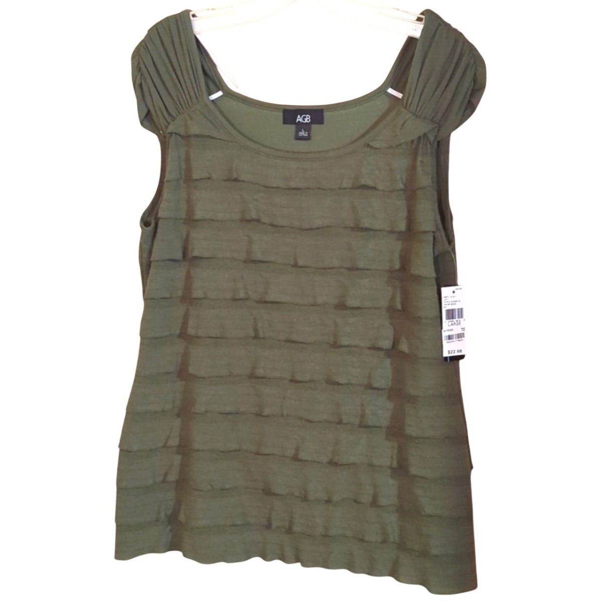AGB NWT Moss Green Layered Ruffle Ruch Cap Sleeve Stretch Top Women's Size L