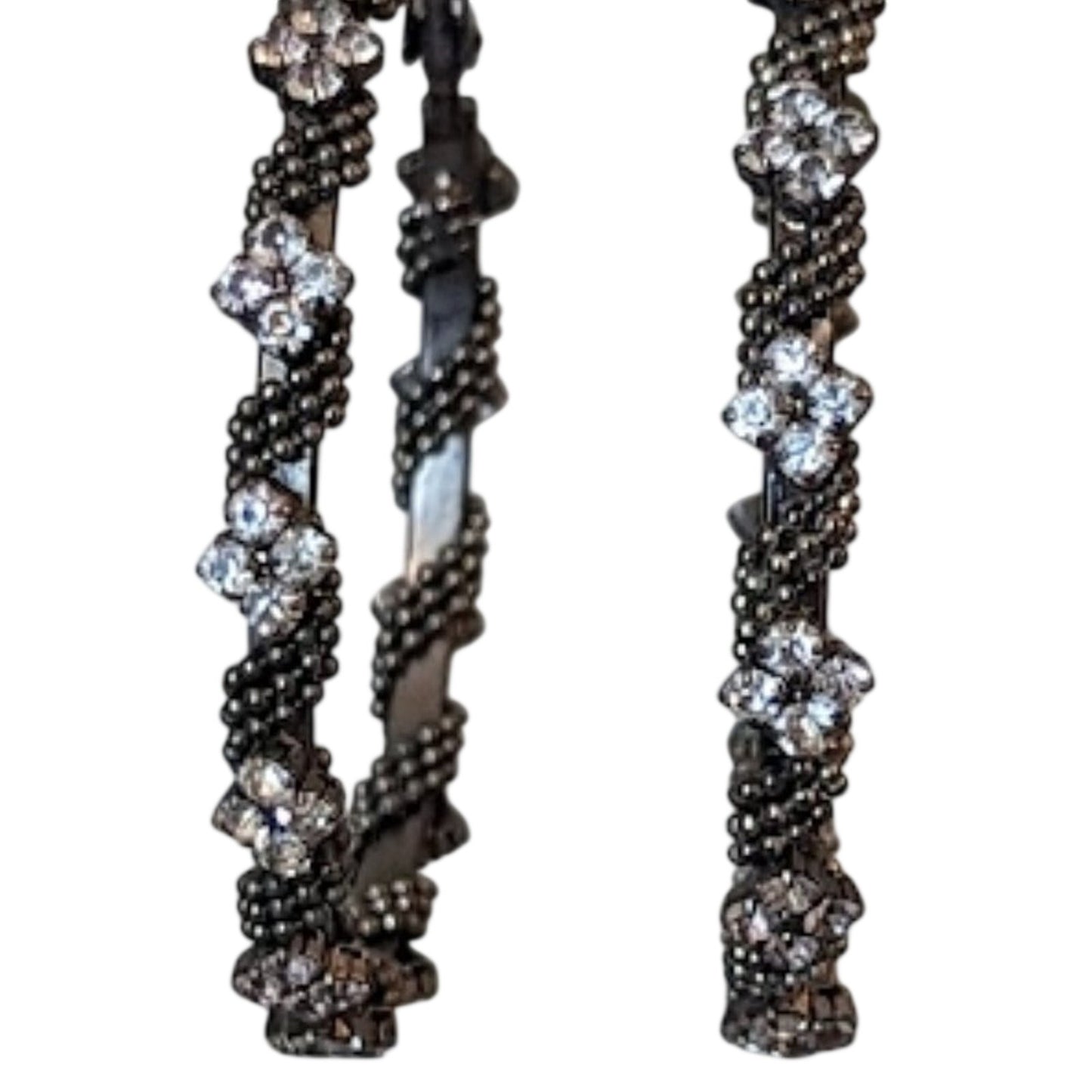 Gun Metal Beaded Flower Rhinestone Hoop Earrings