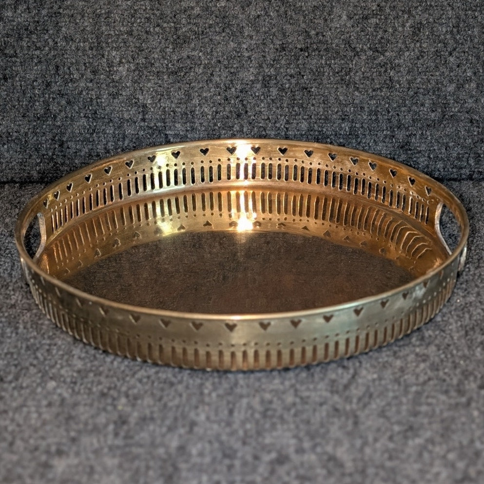 Vtg Brass Round Tray W/ Pierced Heart Gallery Decorative Serving or Vanity Tray