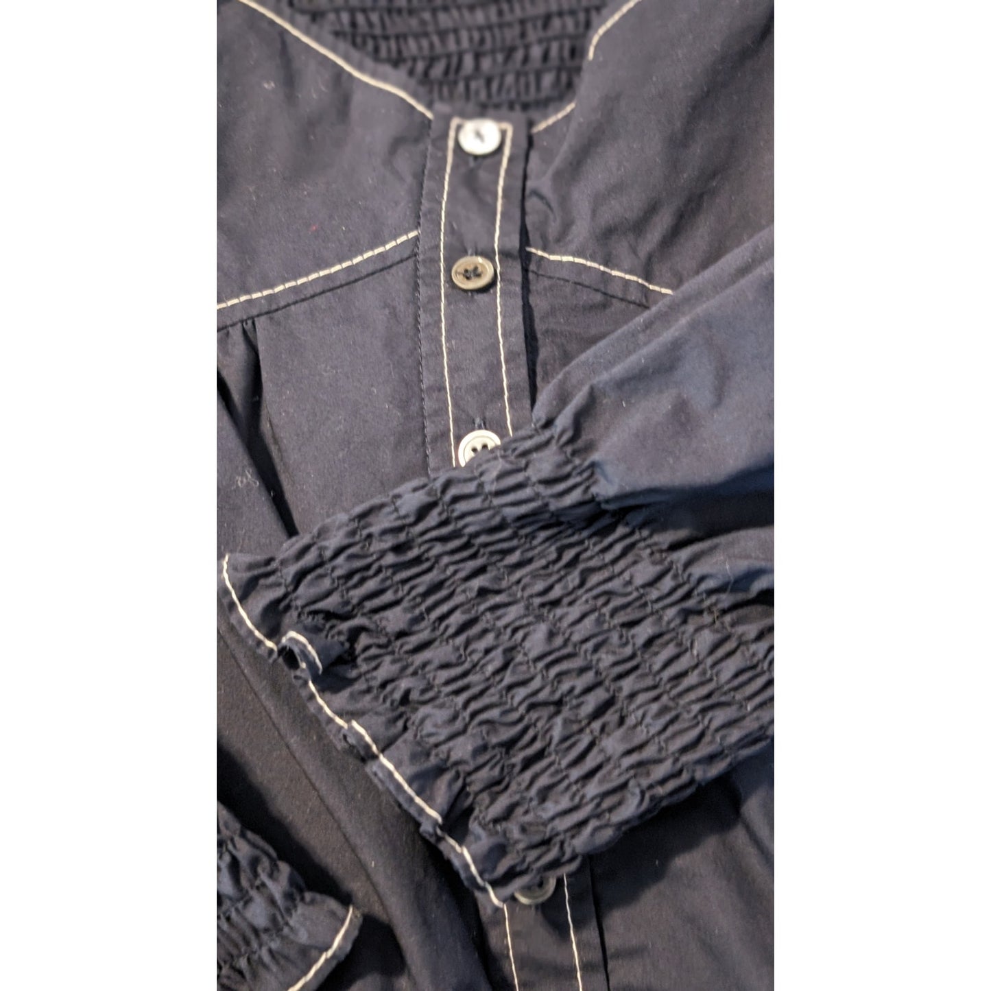 Rebecca Taylor Navy Blue Button Front Smocked Off Shoulder Cotton Blouse Sz 10