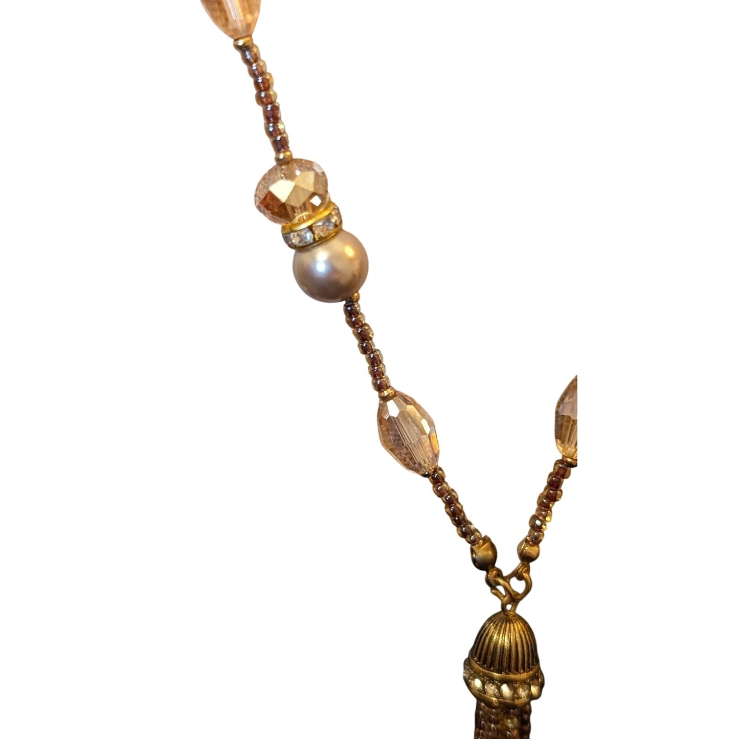 Champagne Crystal Faux Pearls & Rhinestone Rondelle Beaded Tassel Necklace