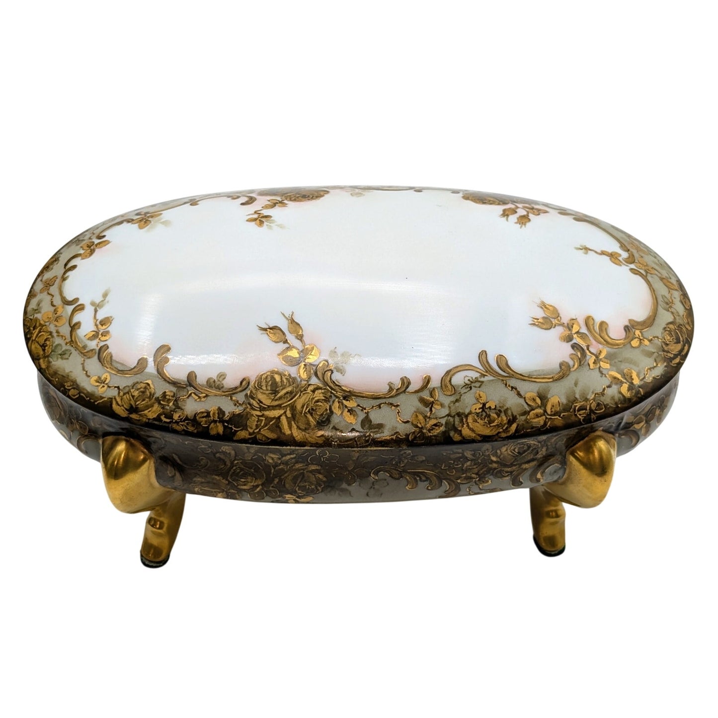 Vtg/Antique Signed Louise Gold Footed China Oval Hand Painted Trinket Box