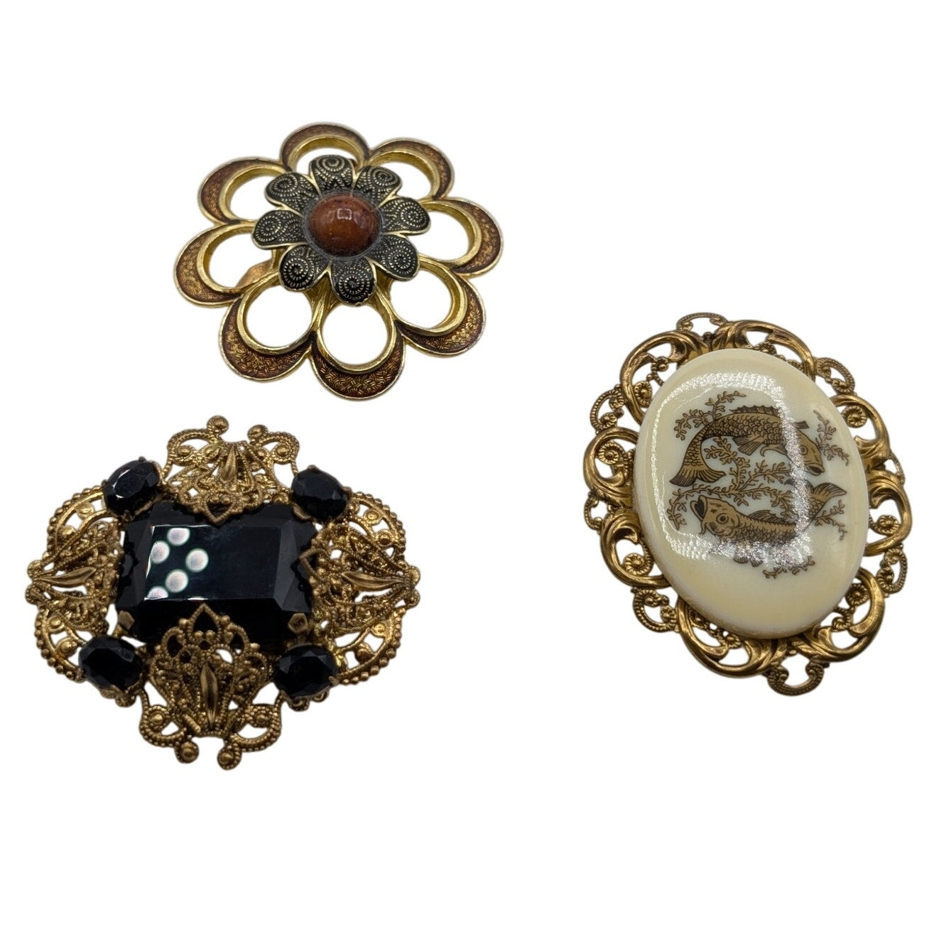 Vintage Gilded Filigree Three Piece Brooch Lot