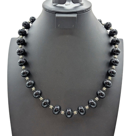 Vintage Black Oval Silver & Black Acrylic Spacer Bead 24.5" Necklace