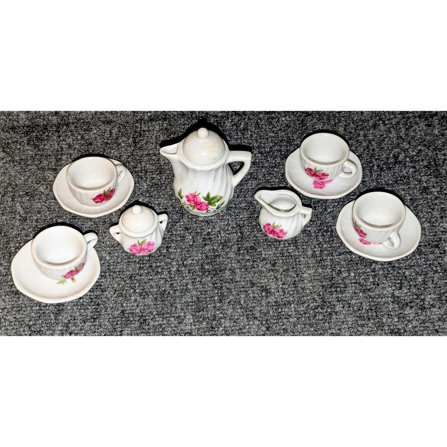 Vintage Thirteen Piece Miniature Child's Pink Rose Tea Set