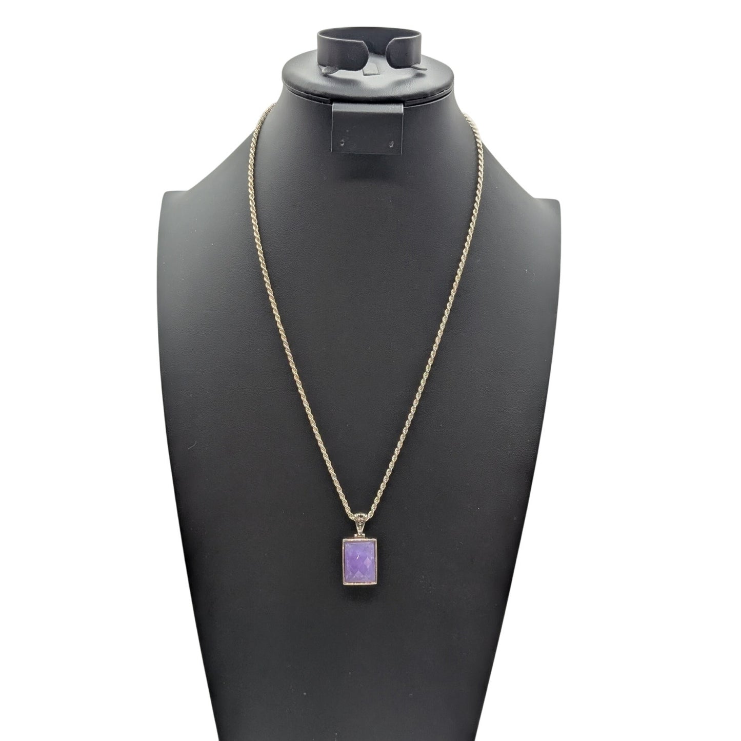 Vtg 925 Sterling Silver Purple Lavender Faceted Stone Pendant 24" Chain Necklace