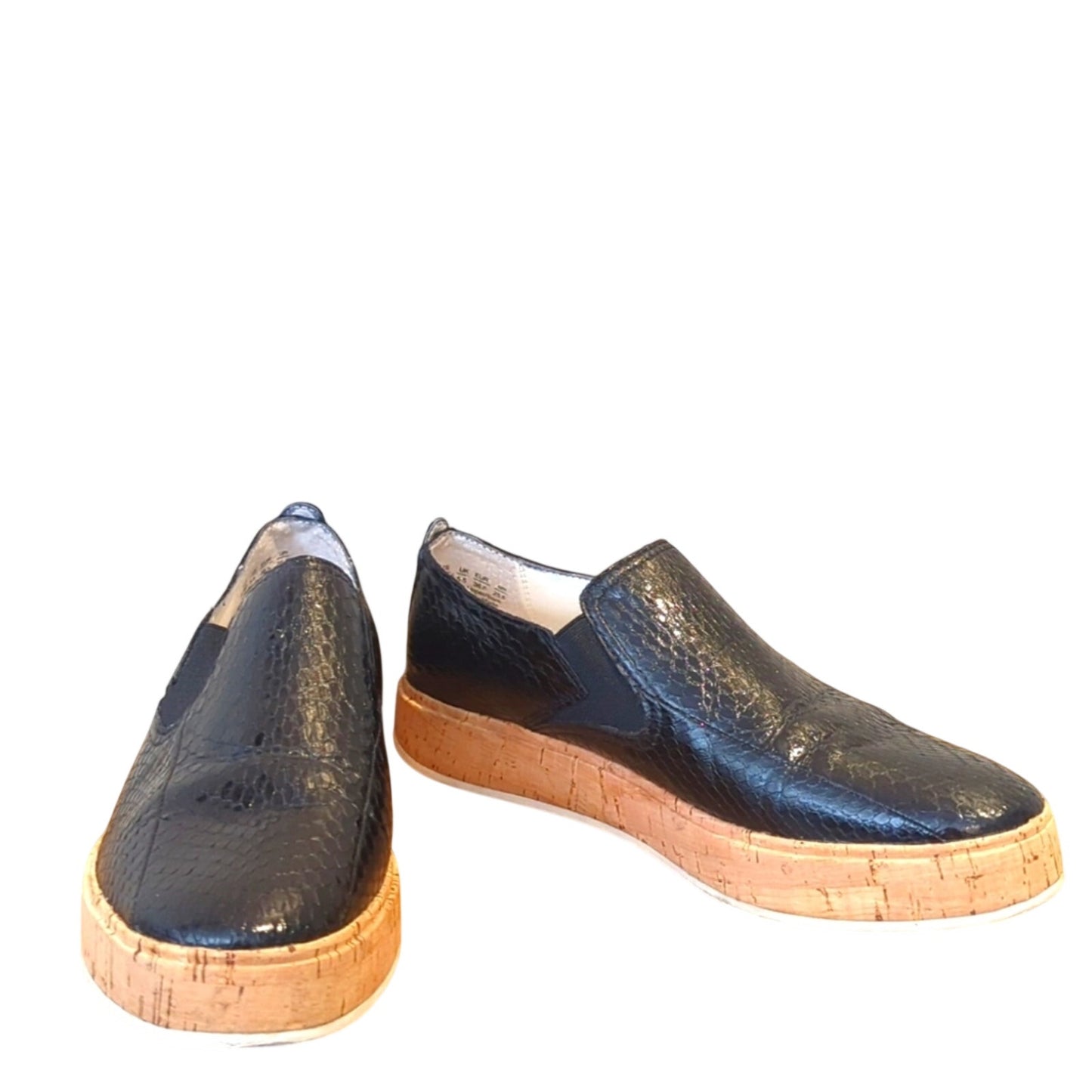 Franco Sarto Daine 2 Slip On Cork Heel Black Snake Leather Sneaker Women Sz. 8.5