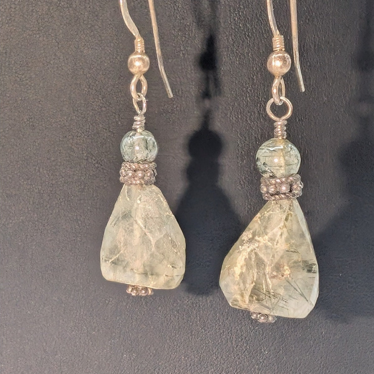 Vintage 925 Sterling Silver Ruff Cut Smoky Rutilated Quartz Dangle Earrings