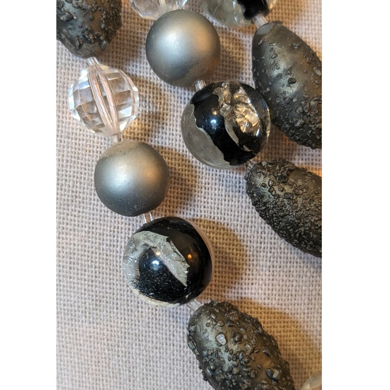 Vintage Gray Clear Faceted Crystal, Lava, Foil Bead Necklace W/ Fancy Clasp