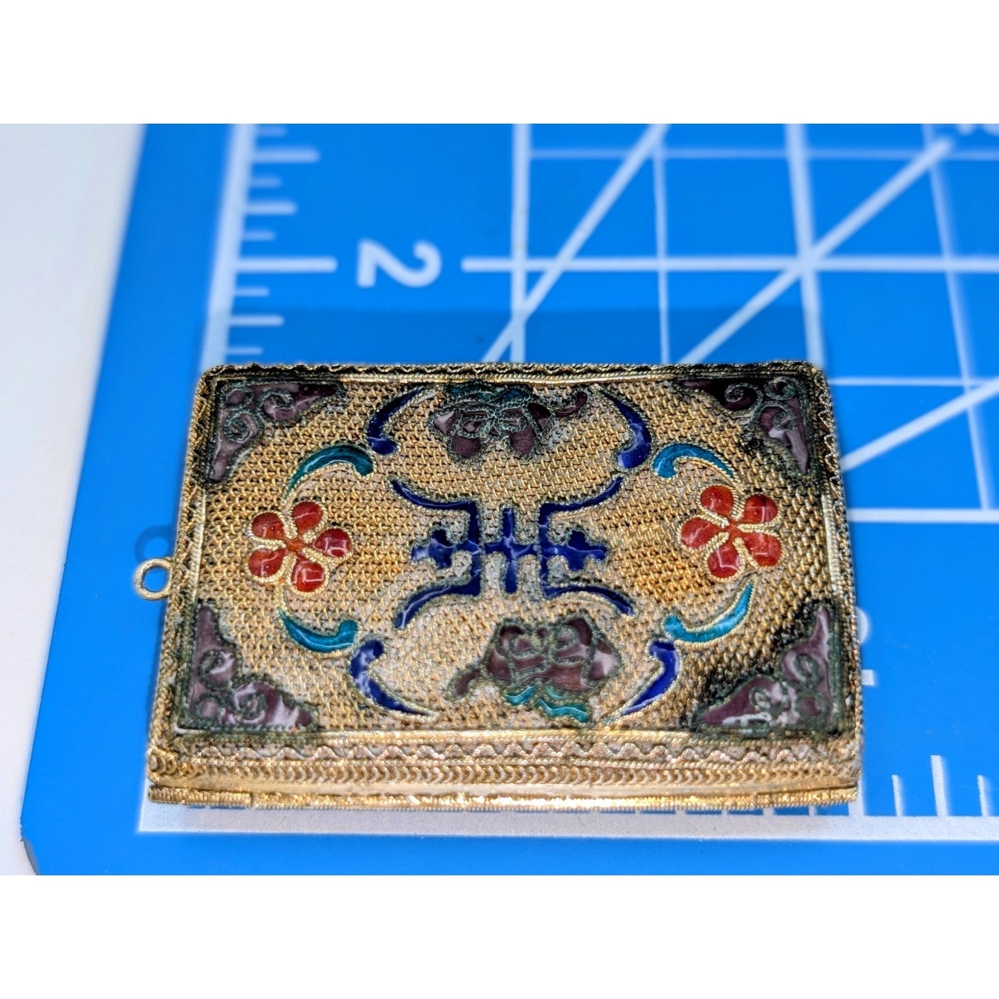 Antique Chinese Gold Tone Mesh Enamel Perfume Pendant Locket