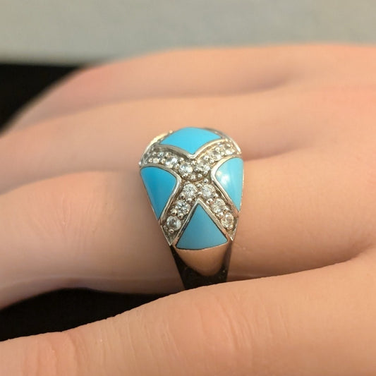 Turquoise Enamel & Pave Set Criss Cross CZ Sterling Silver Domed Ring Size 6.75
