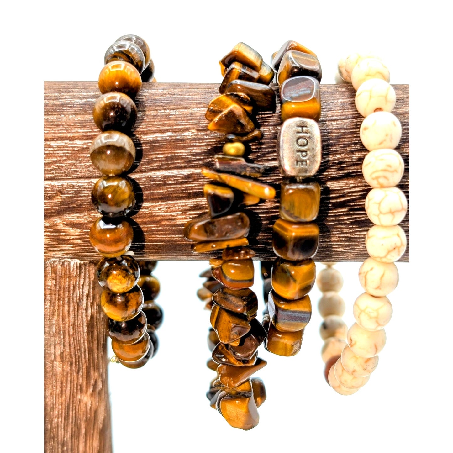 Lot of Six Brown/Cream Stone & Beaded Bracelets