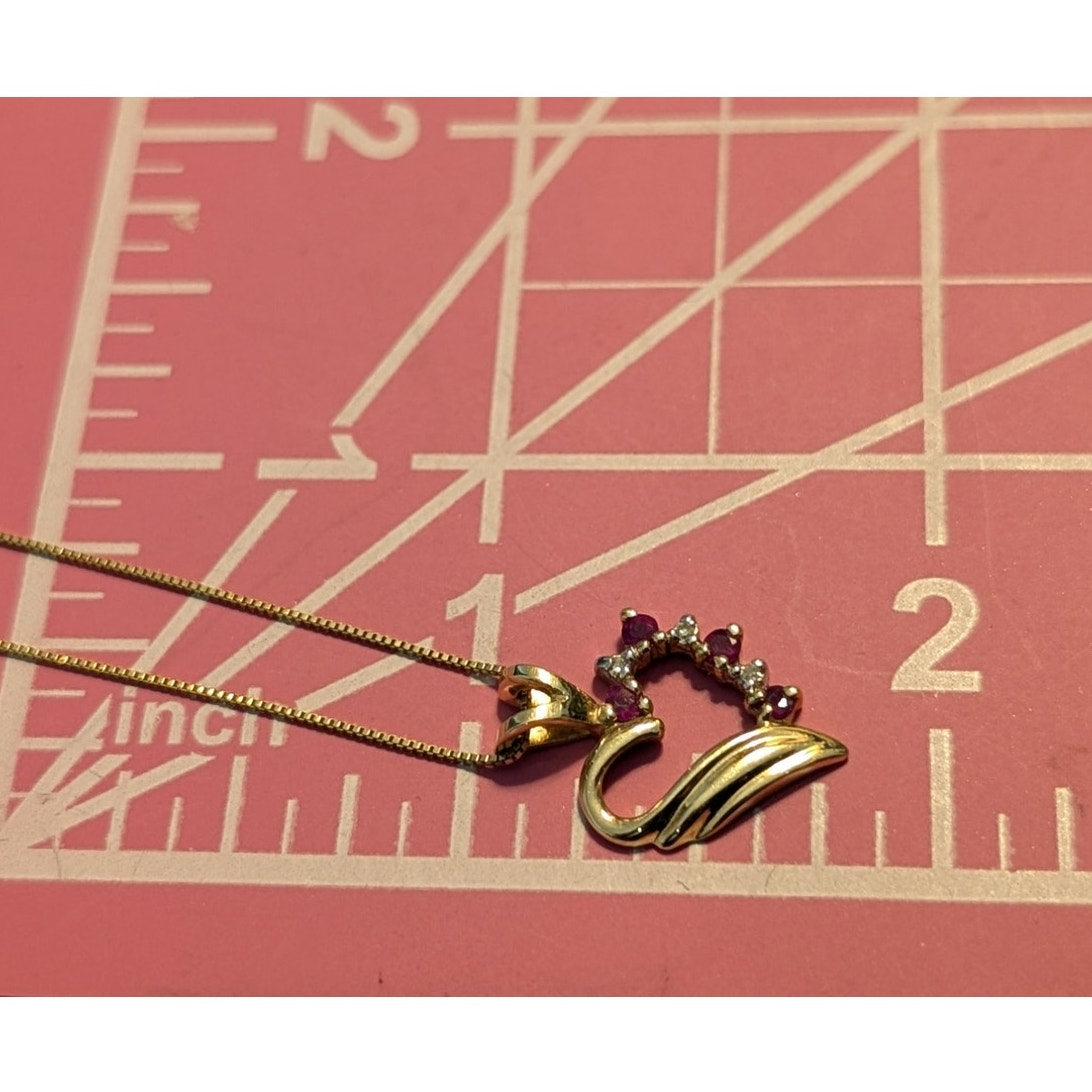 14K Yellow Gold Red Spinel Diamond Heart Pendant 20" 14K Box Chain Necklace