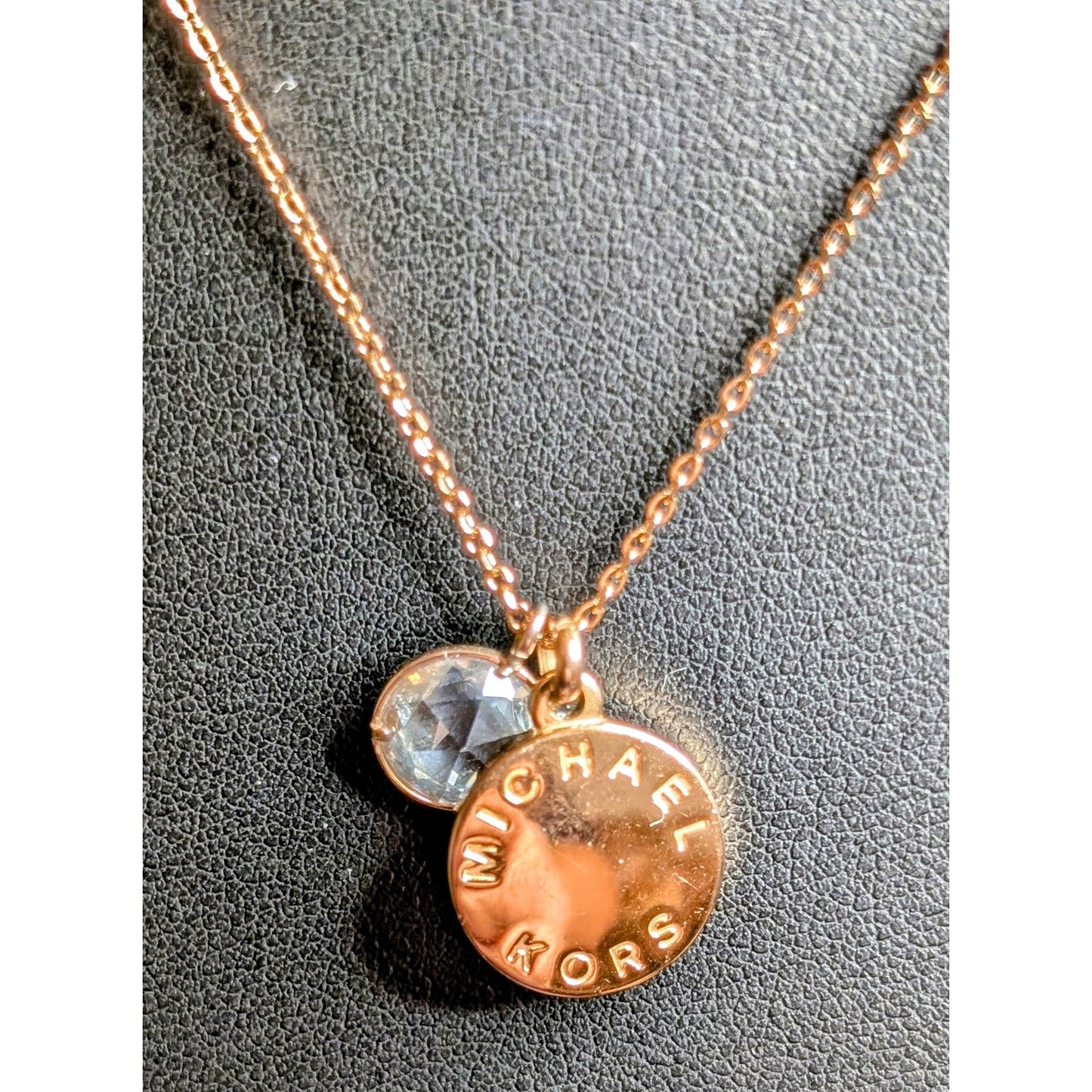 Michael Kors Rose Gold Tone Pave Disc Crystal Pendant 16"-18" Necklace