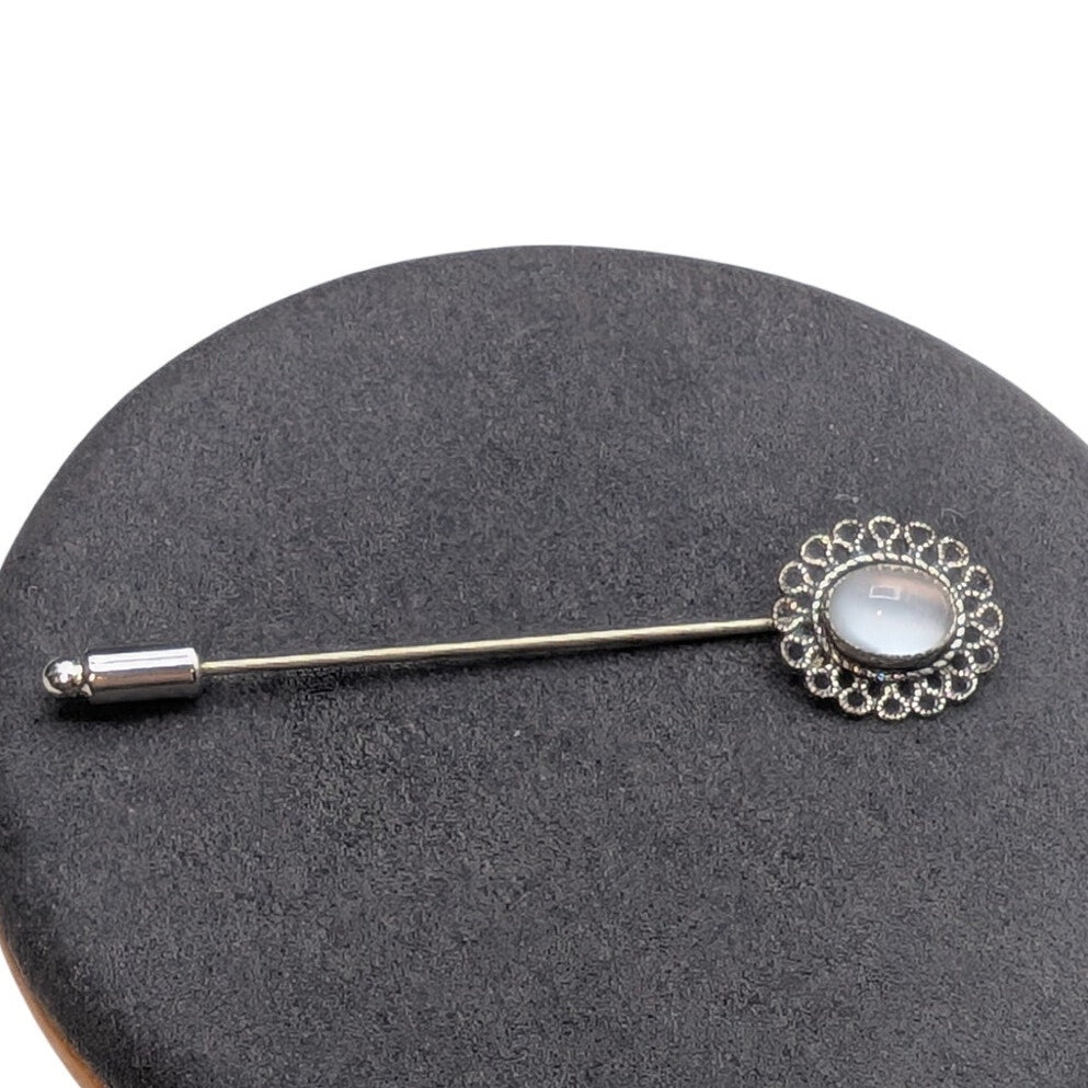 Vintage Silver Tone Moon Stone Look Filigree 2.5" Stick Pin