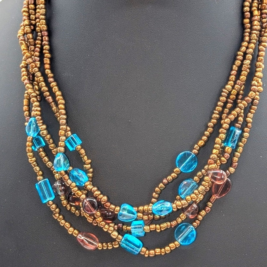 Vintage Four Strand Bronze Glass Beaded 16.5"-19" Necklace