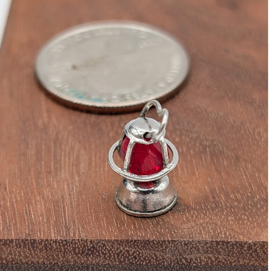 Vintage Wells Sterling Silver Red Bead Outdoor Miner's Lamp Lantern Charm