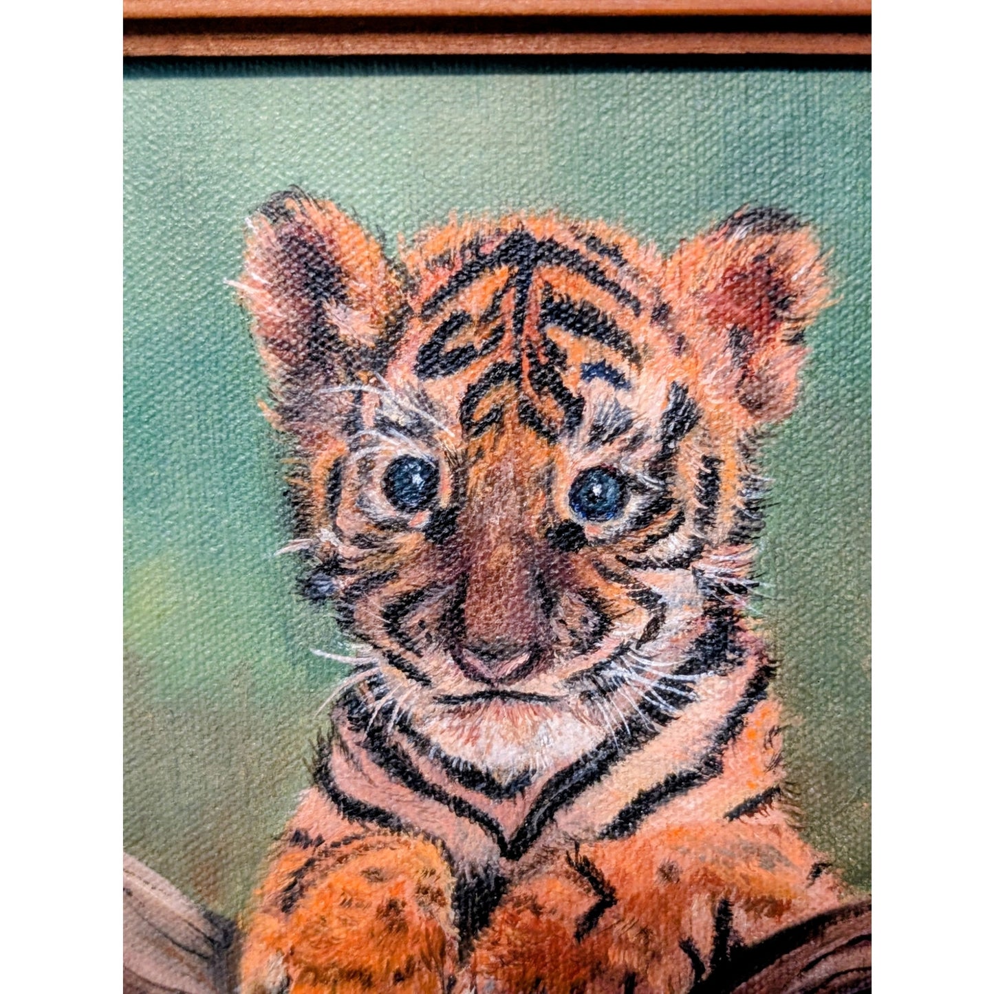 Vintage Original Wood Framed Baby Tiger Oil Painting on Canvas Signed Marianne