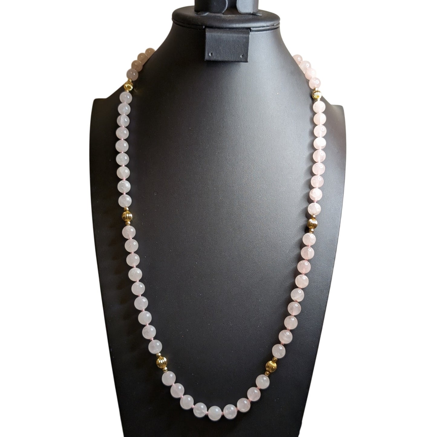 Ice Cold Rose Quartz & Gold Striated Bead Hand Knotted Over the Head Necklace
