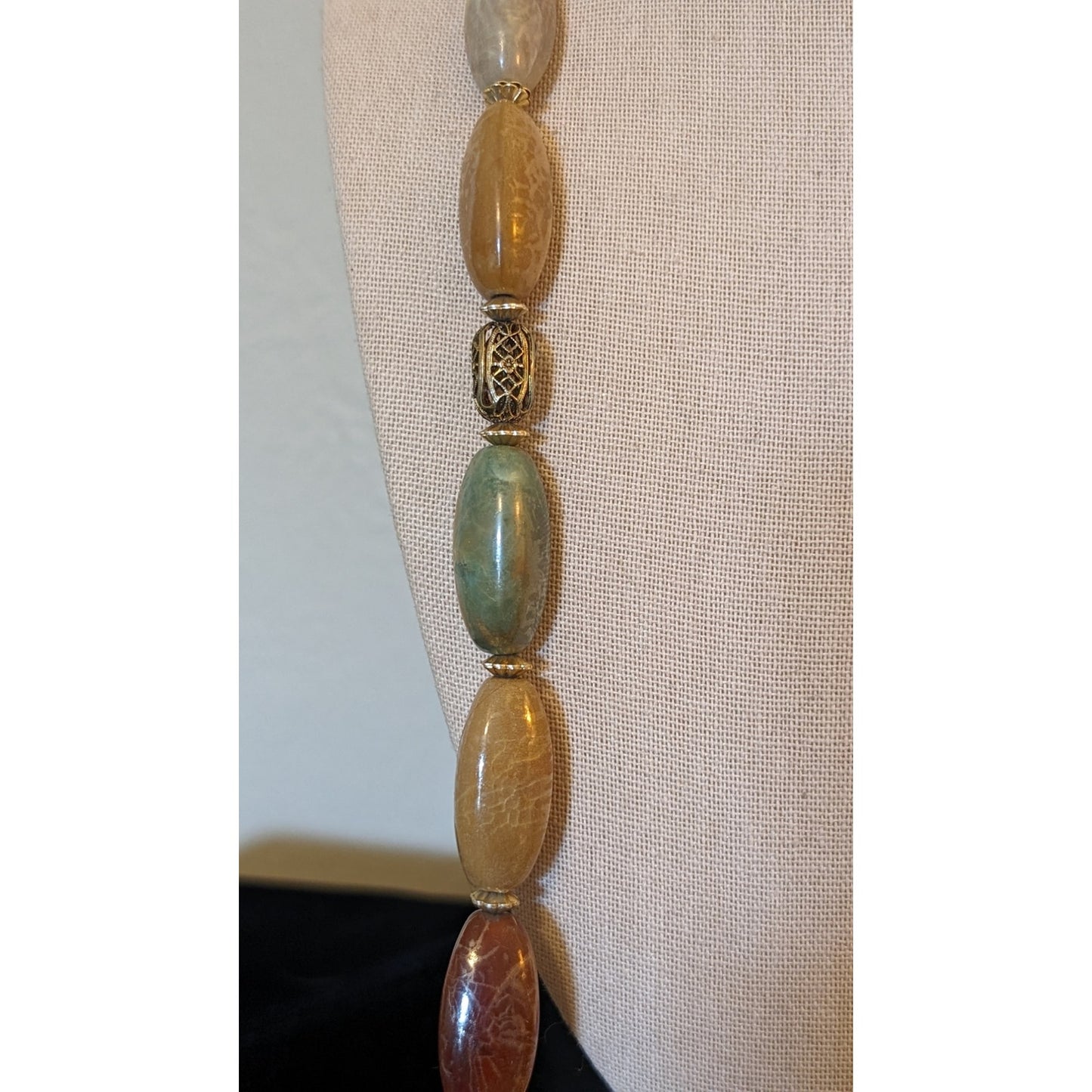 Vintage Earthtone Elongated Acrylic Bead Filigree Spacer Bead 34" Necklace