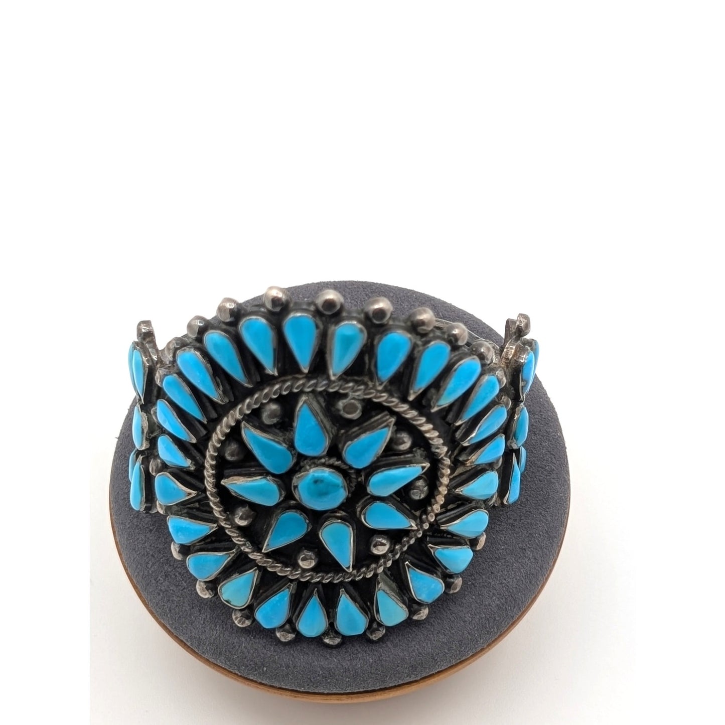 VTG Native ZUNI Sterling Silver TURQUOISE Flower Blossom Cuff Bracelet 92.34g