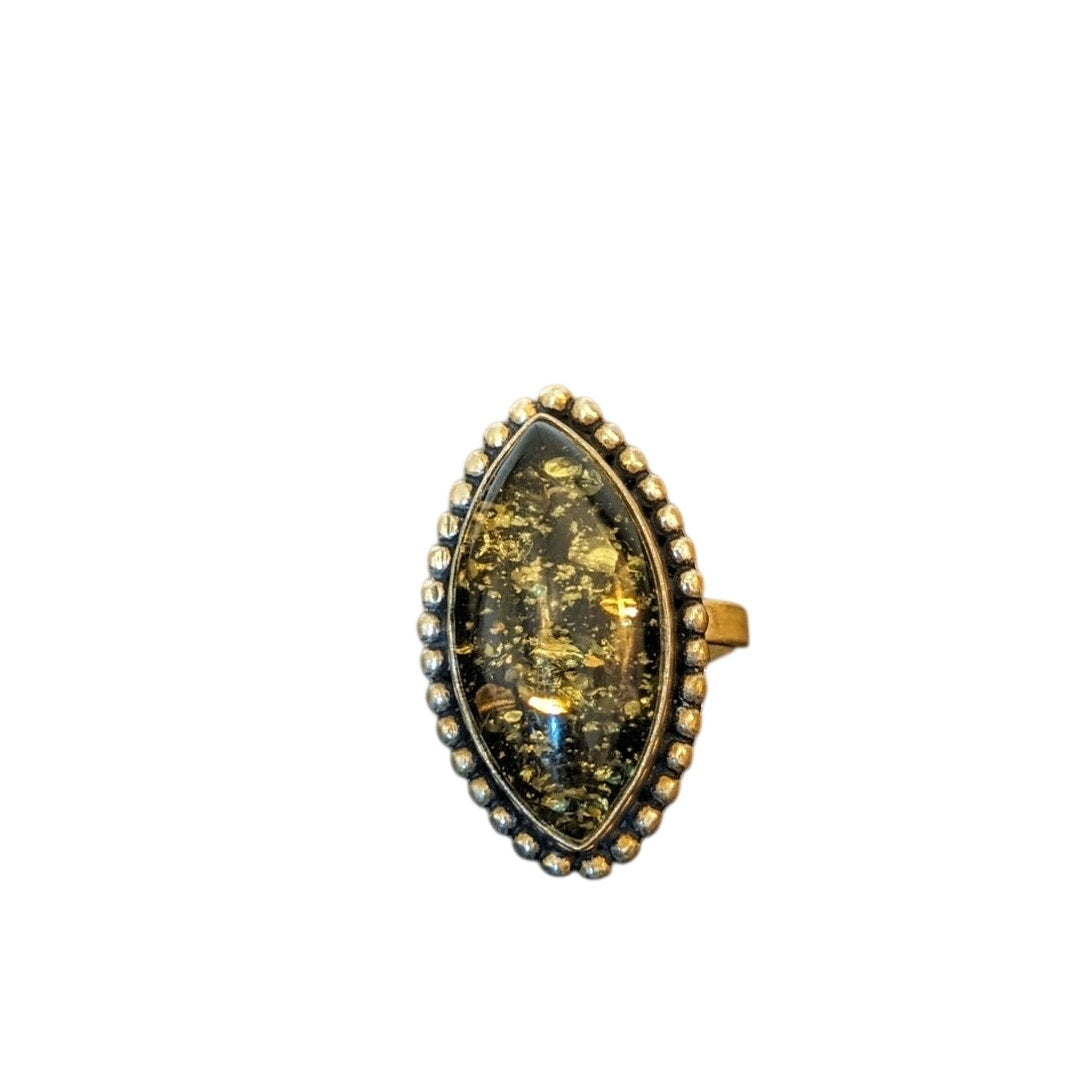 Vintage Baltic Green Amber 925 Sterling Silver Marquis Cut Ring Size 7.75