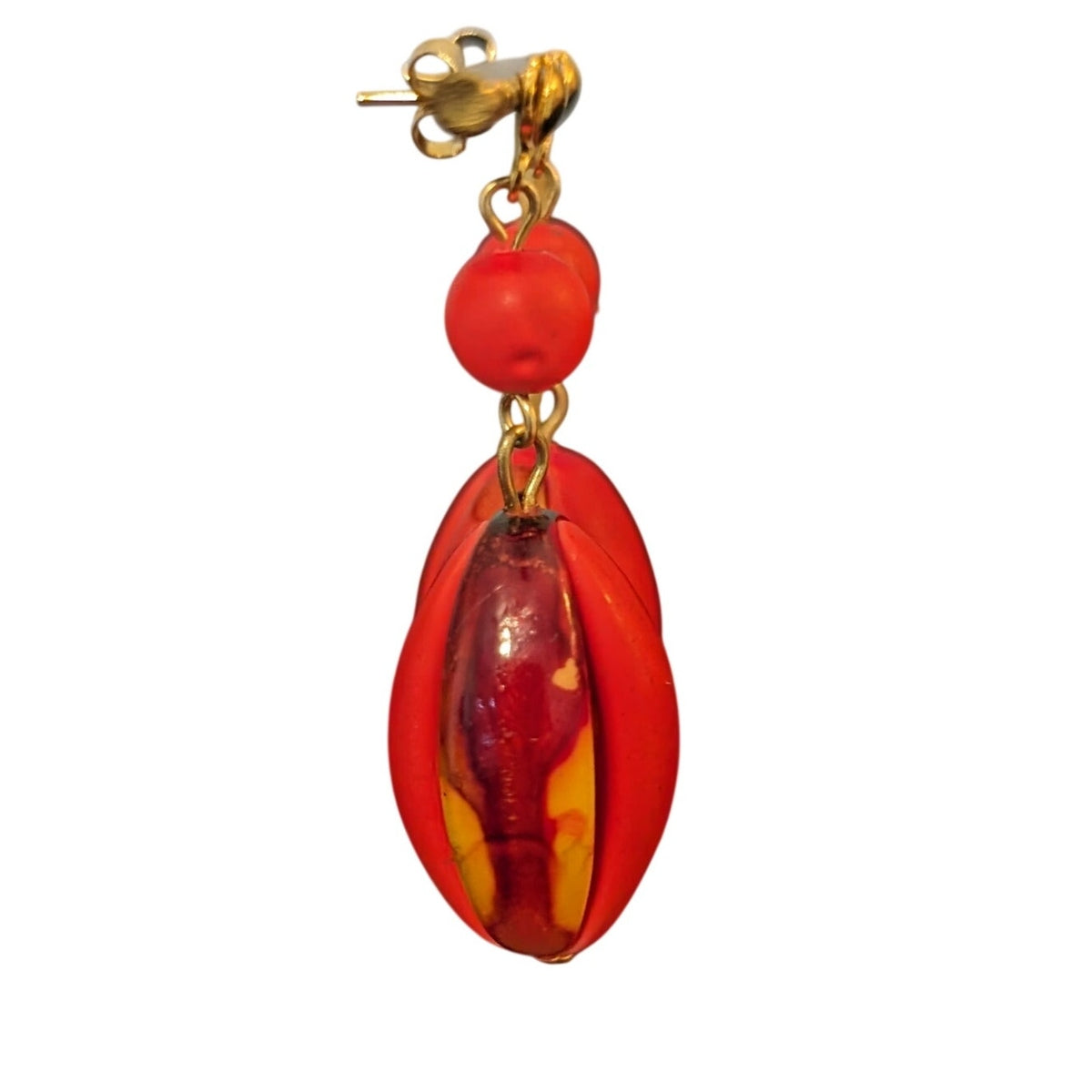 Vintage 70s Red & Brown Variegated Gold Tone Metal Boho Dangle Post Earrings