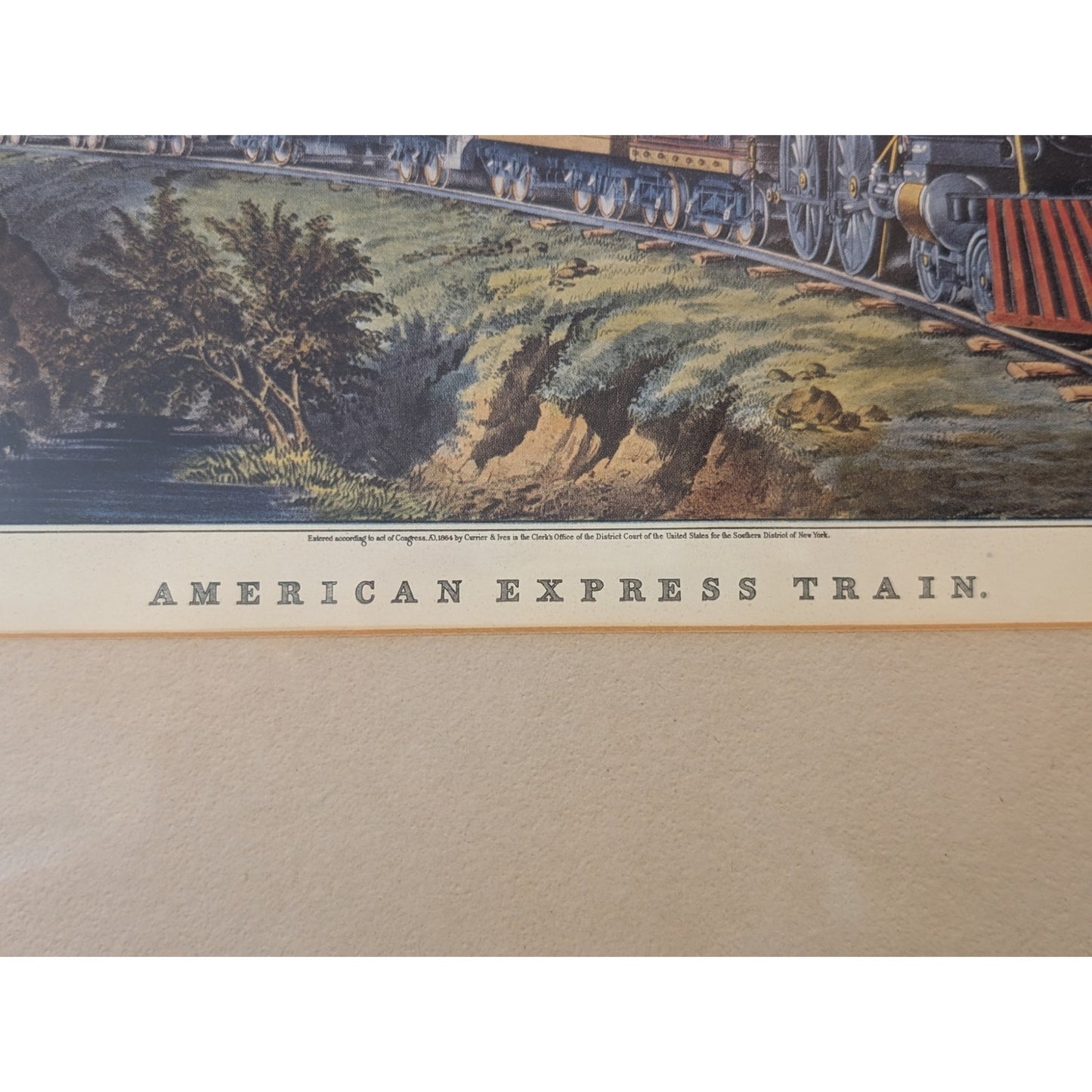 VTG 1884 Framed Currier & Ives Litho Print 'American Express Train' Under Glass
