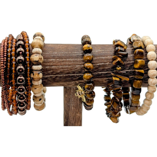 Lot of Six Brown/Cream Stone & Beaded Bracelets